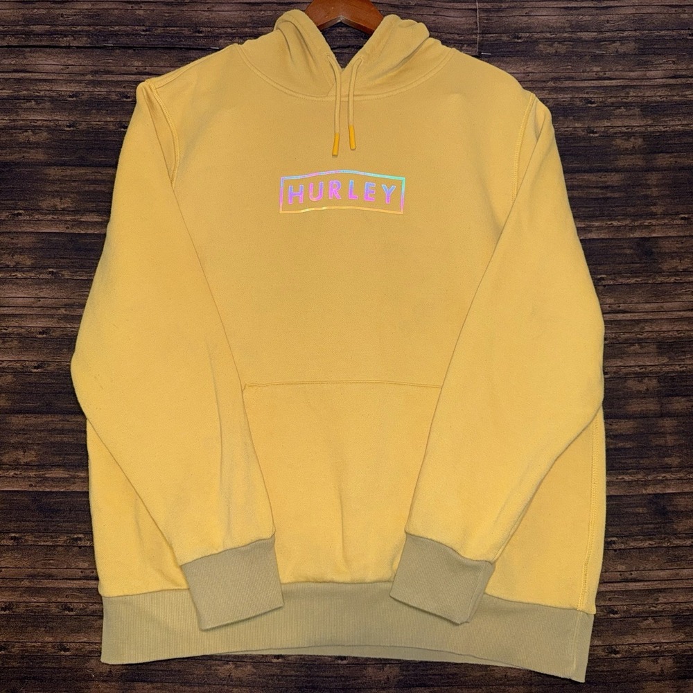 Hurley Men's Yellow Box Logo Pullover Hoodie Holographic Iridescent Size L